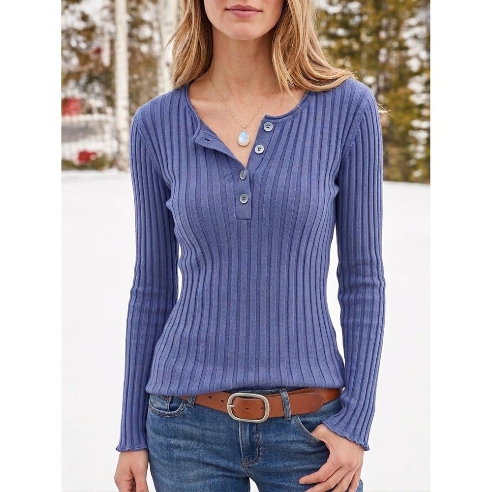 Y2K Sundance Living Legend Henley Blue Ribbed Organic Cotton Sweater Stretch L